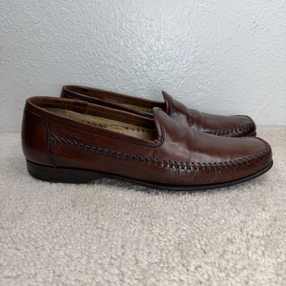 Santoni Loafers Brown Leather Dress Shoe Size 9 Slip On Moc Toe Whipstitch Italy - Picture 7 of 15